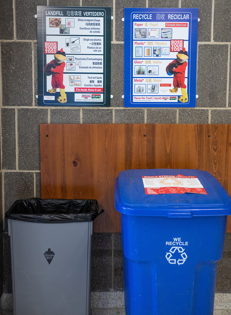 color-coordinated trash (black) and recycling (blue) bins and po