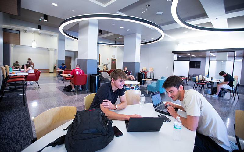 Two male students with laptops study at a table