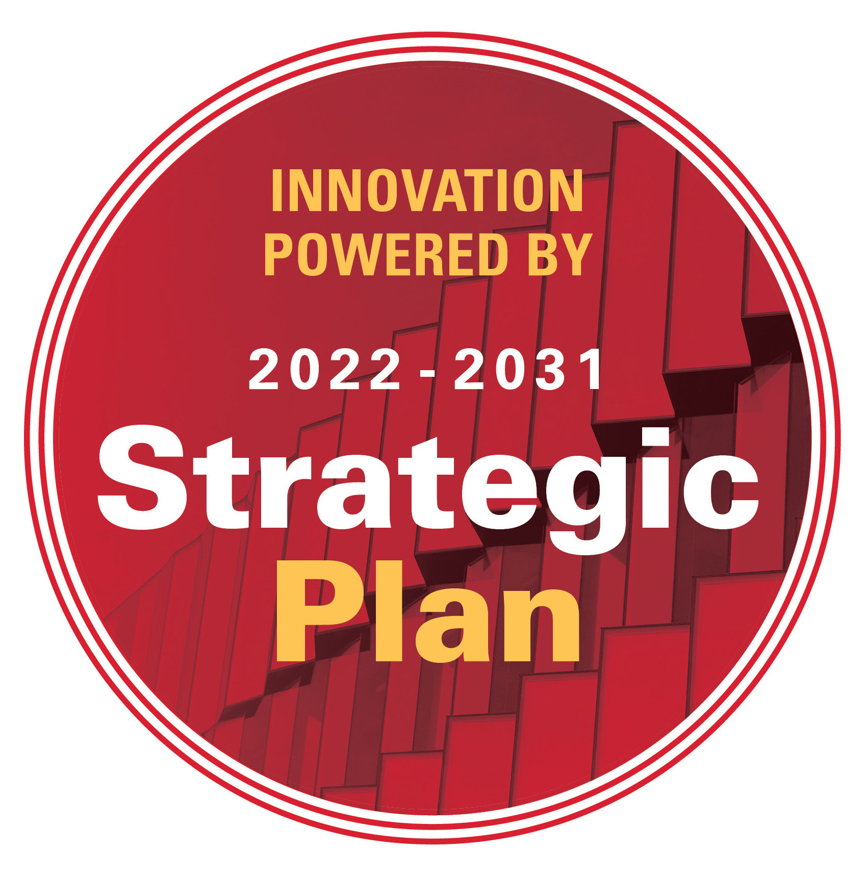 red circular strategic plan badge