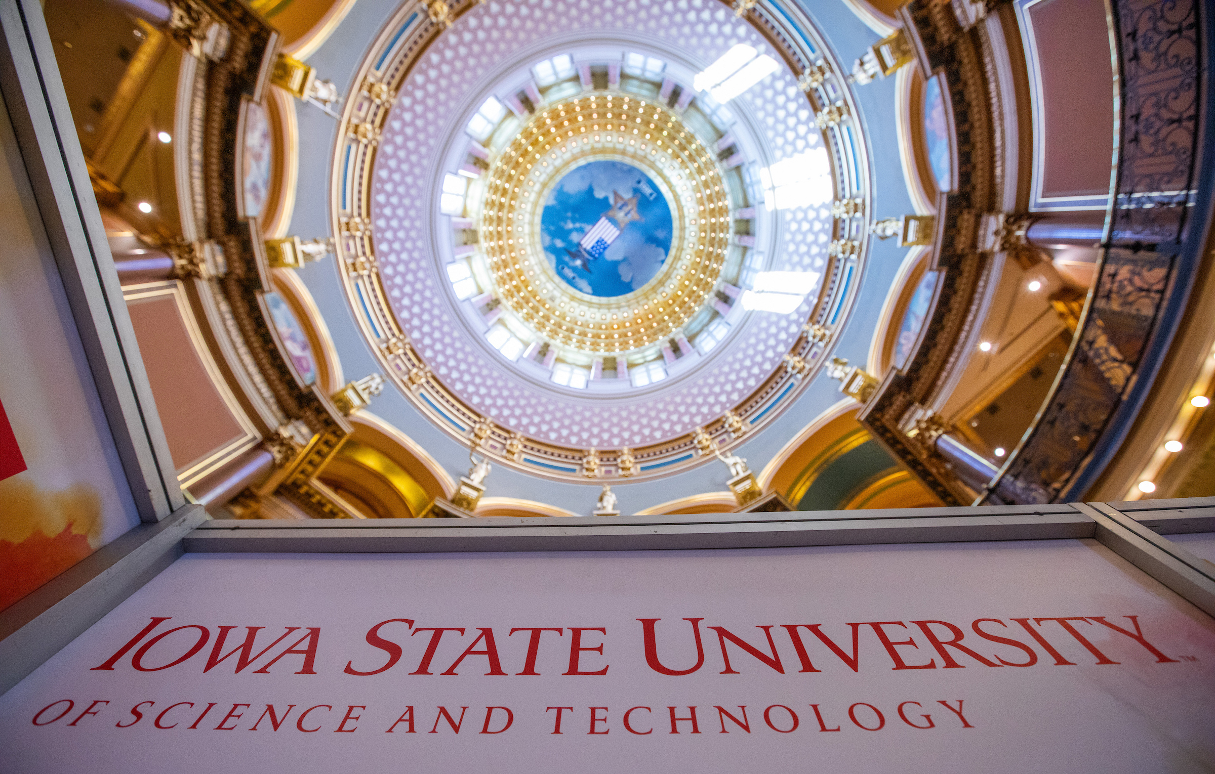 Iowa State sign edges view straight up in the central dome ceili